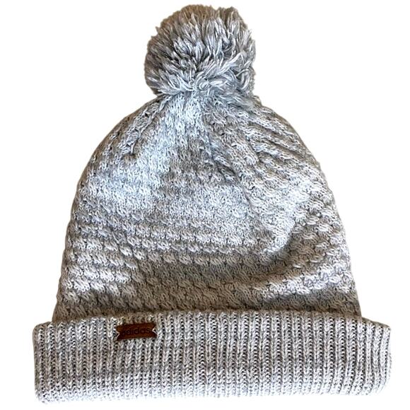 Adidas Woman's Beanie Pompom OS Gray Cream Winter Knit Hat - Picture 1 of 4